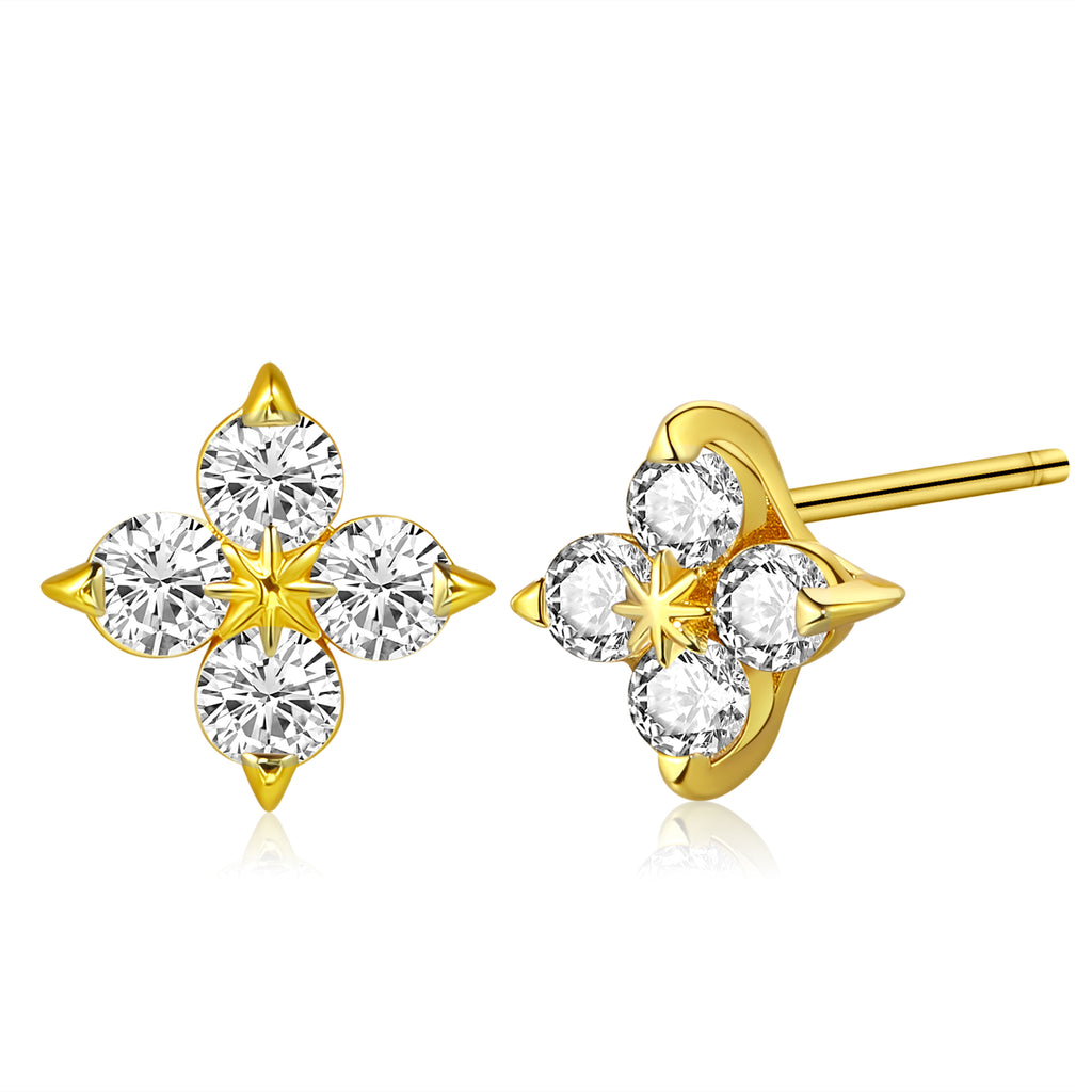 Four Petaled Starburst Lab Grown Diamond Earrings｜Gold-Set Diamond Floral Sparkle Accent