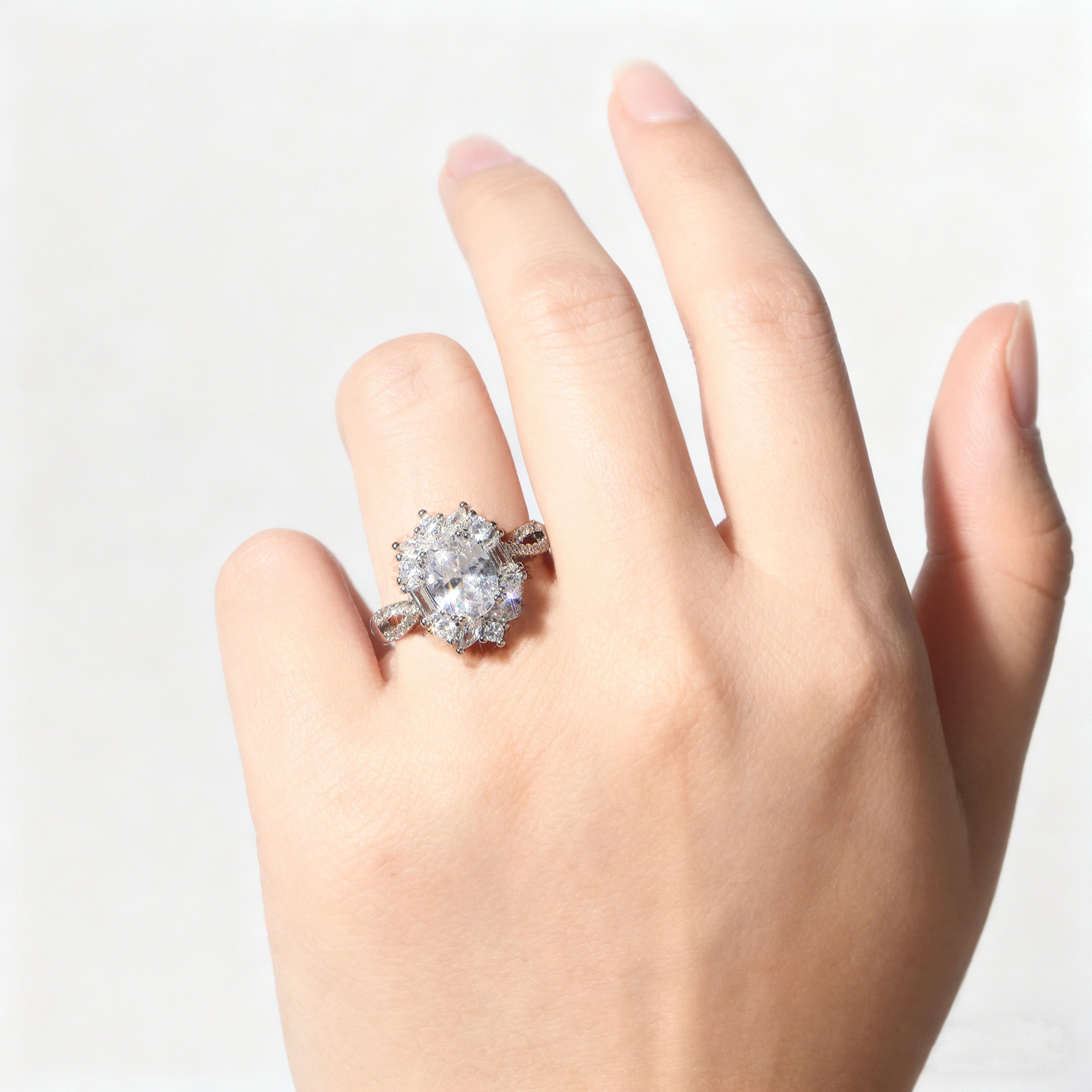 Queen of Blooms Pavé Set Lab Grown Diamond Ring Oval Center Stone with Multiform Diamond Cluster