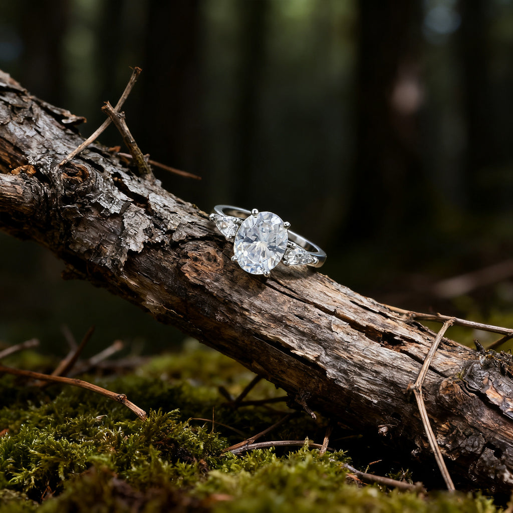 Oval Cut Lab Grown Diamond Ring | Three Stone Design with Radiant Full Diamond Setting