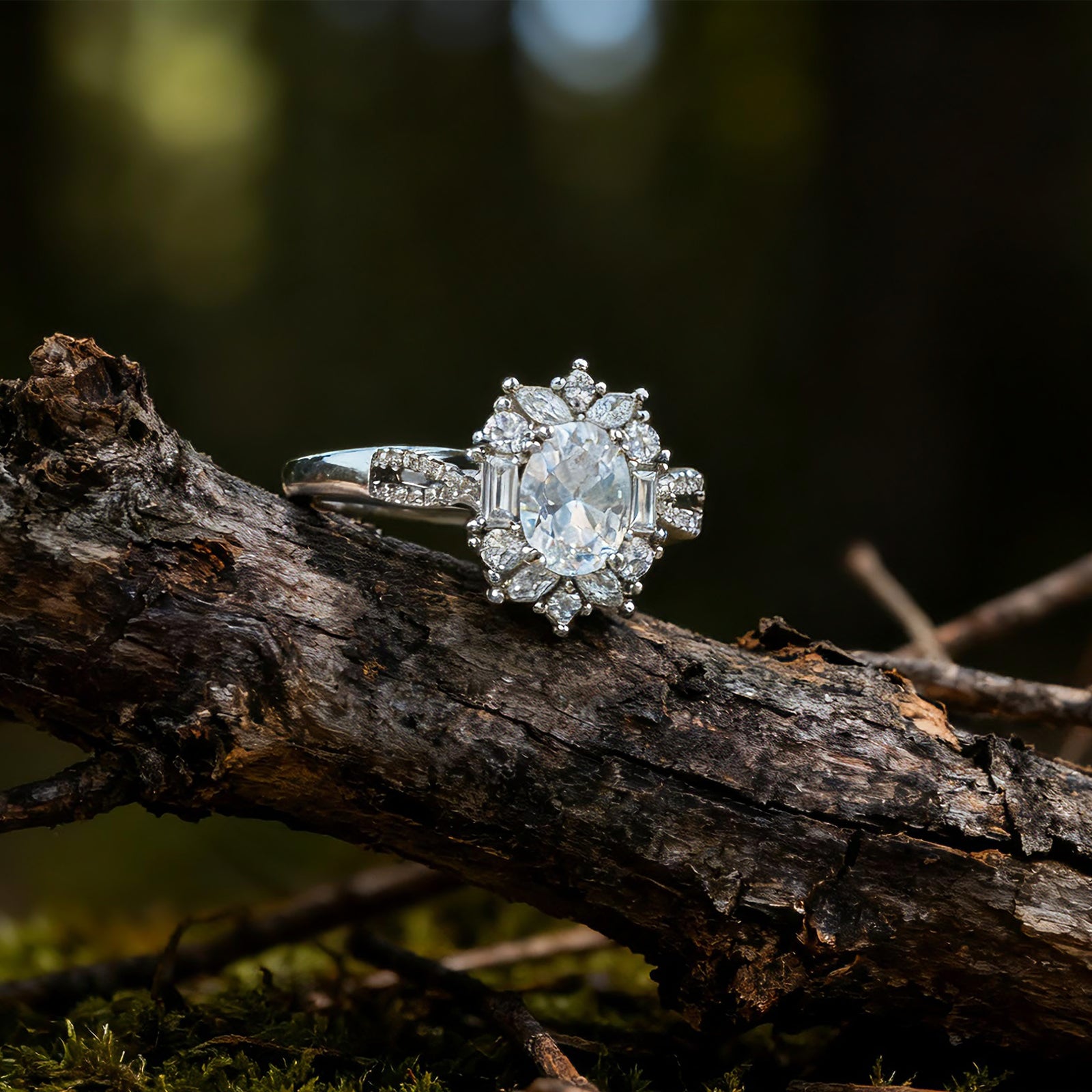 Queen of Blooms Pavé Set Lab Grown Diamond Ring Oval Center Stone with Multiform Diamond Cluster