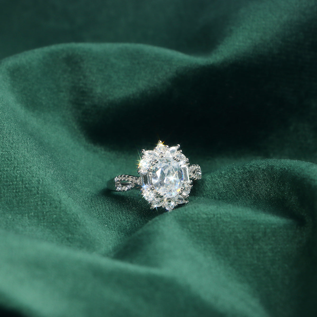 Queen of Blooms Pavé Set Lab Grown Diamond Ring Oval Center Stone with Multiform Diamond Cluster