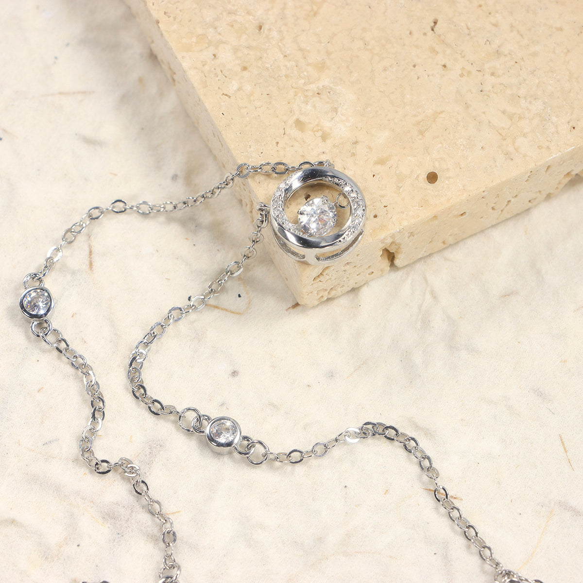 Star Ring Lab Grown Diamond Necklace | Scattered Diamonds Along the Chain, Centered Sparkling Diamond