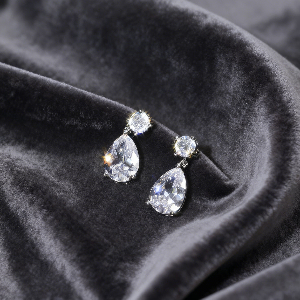 Waterdrop Double Diamond Lab Grown Diamond Earrings｜White Gold Radiance